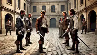 D'Artagnan se prepara para un duelo contra Athos, Porthos y Aramis en un patio parisino.
