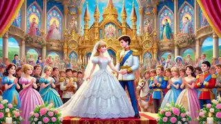 La grandiosa ceremonia de boda de Cenicienta y el Príncipe en el palacio.