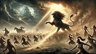 Bastet, en forma de leona, lidera a sus ejércitos contra las fuerzas de Set en una caótica batalla bajo la luz de Ra.