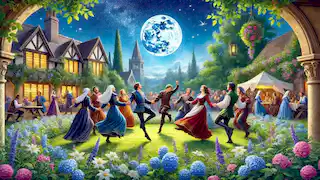 Amigos bailando y celebrando bajo las estrellas.