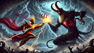 Jamshid enfrenta a Ahriman con el Bastón de Luz, en medio de relámpagos y cielos tormentosos.