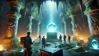 Una caverna resplandeciente revela un orbe de cristal sobre un pedestal, rodeado de musgo fosforescente y grabados antiguos.