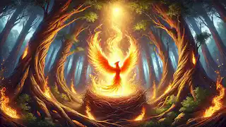 El fénix envuelto en llamas místicas, rodeado por un nido resplandeciente mientras pasa por su poderosa transformación.