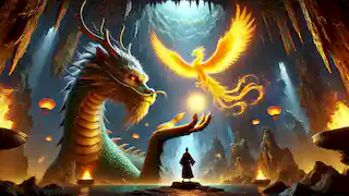 El Dragón de Jade y el Fénix Dorado combinan sus poderes en una oscura caverna, mientras Lian observa.