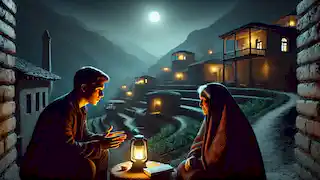 Una escena nocturna de un pueblo donde un historiador comparte sus hallazgos con una anciana bajo la luz de una lámpara.