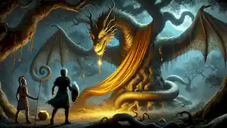Jason s'approche prudemment de la lueur du Vélum d'Or, gardé par un dragon dans un bois sacré sombre et mystérieux.