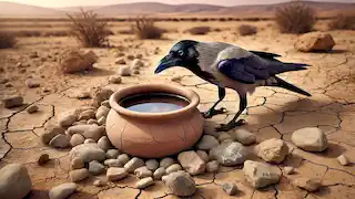 El cuervo mira dentro de la olla de barro, rodeada de piedras dispersas en el suelo seco y agrietado bajo un sol ardiente.
