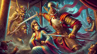 El rey Gesar rescata a la princesa Brugmo de la fortaleza demoníaca.