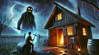 Mateo se encuentra aterrorizado en su casa mientras la Tunda acecha en la puerta durante una tormenta violenta.