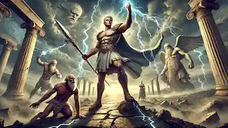 Zeus sostiene su rayo en alto tras haber vencido a los Titanes, con cielos tormentosos y los Titanes arrojados a Tártaro.