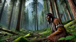 Chayton se abre paso a través de un denso bosque al pie de una imponente montaña, mostrando una gran determinación.