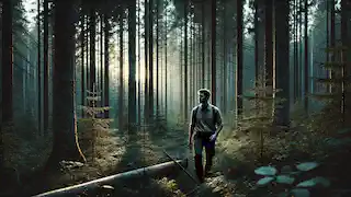 Um homem caminhando por uma floresta densa ao entardecer, cercado por altas árvores e longas sombras.