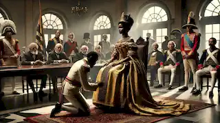 La reina Nzinga sentada sobre su sirviente durante negociaciones diplomáticas con sorprendidos oficiales portugueses.
