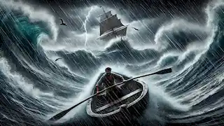 Kai luchando contra una tormenta en el mar Caribe, aferrado a los remos de su bote mientras peces voladores saltan en el fondo.