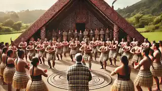 Una tribu māori realizando un haka ceremonial en un marae, rodeada de tallas de madera y vestimenta tradicional.