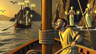Ulises está atado al mástil de su barco, luchando contra la seductora canción de las Sirenas mientras su tripulación sigue remando.