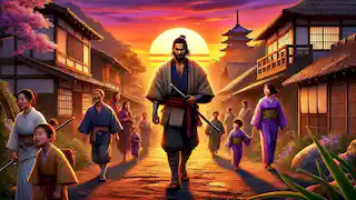 Kenta camina por su pacífico pueblo al atardecer, rodeado de aldeanos sonrientes, mientras se restablece la paz.