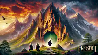 Bilbo y los enanos se encuentran ante la entrada secreta de la Montaña Solitaria, revelada por la luz del Día de Durin.