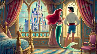Ariel con piernas, vestida con ropas elegantes, de pie en el castillo del Príncipe Eric, mirando anhelante por una ventana.