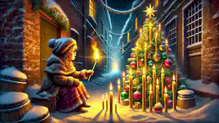 La pequeña vendedora de fósforos enciende un fósforo, revelando una visión de un hermoso árbol de Navidad con velas y adornos.