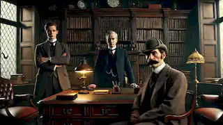 Un estudio tenuemente iluminado, con un hombre de aspecto severo detrás de un escritorio, frente a Sherlock Holmes y al Dr. Watson.