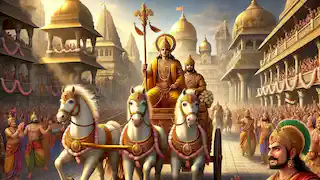 Phra Ram y Phra Lak regresan a Ayodhya en un carro dorado, recibidos por multitudes vitoreantes y las cúpulas doradas del palacio.