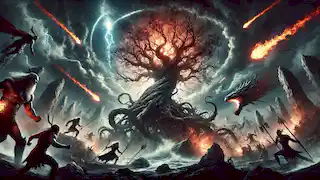 Yggdrasil temblando durante el Ragnarok, con llamas y caos rodeando al Árbol del Mundo mientras la batalla final se desata.