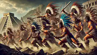 Guerreros mexicas en batalla, ataviados con armadura tradicional, con un paisaje accidentado de fondo.