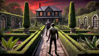Yu Tsun dispara al Dr. Albert en un jardín de estilo europeo, mientras el atardecer crea una atmósfera tensa.