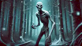 El Wendigo emaciado se encuentra en un oscuro bosque nevado, con sus ojos huecos y su apariencia esquelética que desprende desamparo.