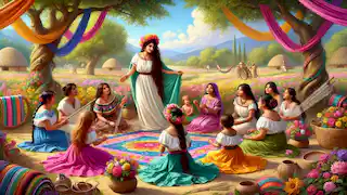 Xochiquetzal enseña a las mujeres el arte de tejer en una antigua aldea mexicana, rodeada de textiles y flores.