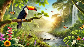 Tico el tucán se posaba en un exuberante y revitalizante bosque lluvioso de la Amazonía, rodeado de flores vibrantes y un río que fluía serenamente.