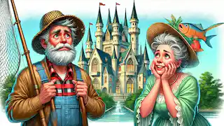 El pescador y su esposa frente a un gran castillo, con el pescador luciendo dudoso y la esposa encantada.