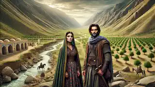 Shirin y Arash en un valle seco con huertos marchitos, preparándose para enfrentar la maldición que amenaza su tierra natal.