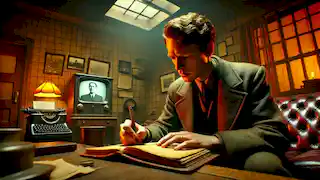Winston Smith escribiendo en un viejo diario encuadernado en cuero en su pequeño apartamento tenuemente iluminado, mientras una telescreen transmite propaganda del Partido.