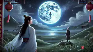 Hou Yi regarde la pleine lune dans le ciel nocturne, où il aperçoit une image floue de Chang'e à la surface de la lune.