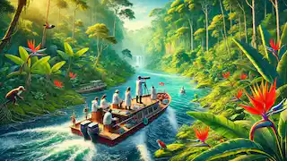 Una expedición científica navegando por el río Amazonas.