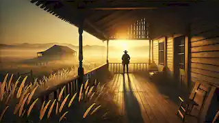 Juan Dahlmann se encuentra en el porche de un rancho al amanecer, contemplando vastos campos de hierba alta y montañas distantes.
