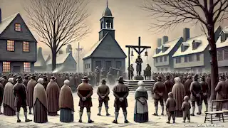 Les villageois se recueillent dans la place du village près d'un mémorial, après les procès des sorcières de Salem, dans une scène hivernale empreinte de gravité.