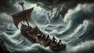 Odysseus und seine Crew kämpfen gegen einen gewalttätigen Sturm auf dem Meer, während riesige Wellen gegen ihr Schiff schlagen.