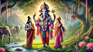Ganesha, Parvati y Shiva se encuentran juntos en un jardín pacífico, rodeados de luz divina y armonía.