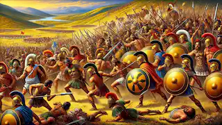 La Batalla de Marathon, donde los hoplitas griegos se enfrentan a los soldados persas en una escena caótica.