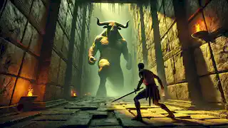 Teseo se enfrenta al toros cargando Minotauro en lo más profundo del oscuro laberinto cubierto de musgo, con la espada en mano.