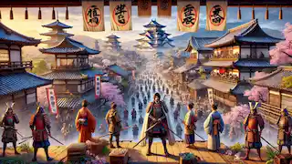 Taira no Kiyomori con guerreros en el Kyoto medieval.