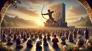 Les villageois se rassemblent autour du monument dédié à Arash, entouré de fleurs sous le soleil couchant.