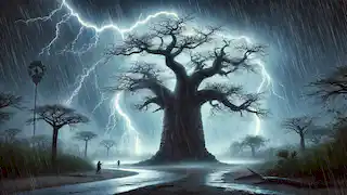 Ein heftiger Sturm trifft den Baobabbaum, mit Blitz und starkem Regen, während die Menschen sich in der Nähe Schutz suchen.