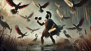 Heracles choca unos castañuelas de bronce, ahuyentando a las Aves Estinfal en un pantano brumoso.