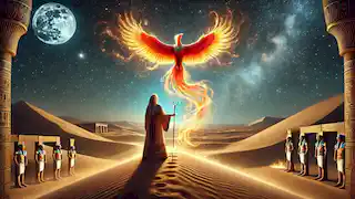La profetisa Tefnut observa al fénix descendiendo del cielo, iluminando el desierto egipcio.