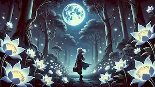 Soraya busca flores de luna resplandecientes bajo la luz de la luna llena en un bosque místico, donde los árboles se alzan majestuosamente y se respira una atmósfera de serenidad.