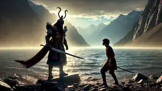 Batyr confrontando a Aiman y Kairat junto al lago Tiyayogol al amanecer, con el sol naciente y el agua brillante como telón de fondo.